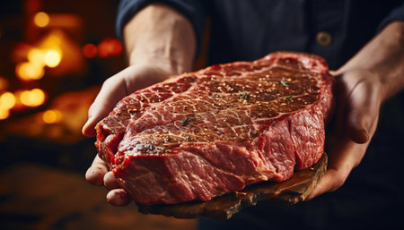 Close Up of Farmer's Hand Holding Big Raw Meat Steak. Generative AI. high quality illustrationの素材