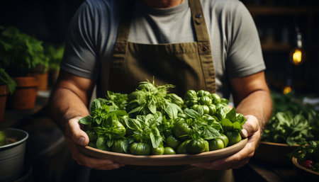 Close Up of Farmer Male Hands Holding Box with Organic Food. Generative AI. high quality illustrationの素材
