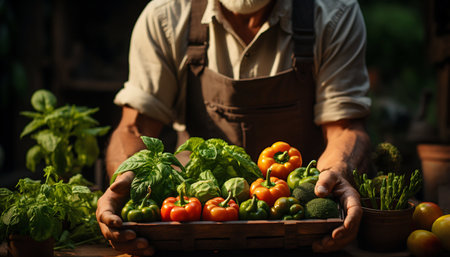 Close Up of Farmer Male Hands Holding Box with Organic Food. Generative AI. high quality illustrationの素材