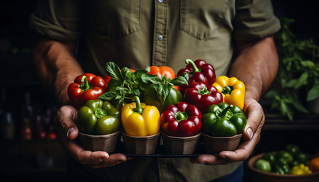 Close Up of Farmer Male Hands Holding Box with Organic Food. Generative AI. high quality illustrationの素材