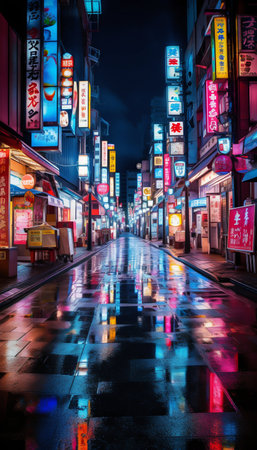 Bright Tokyo Street at Night. Generative AI. high quality illustrationの素材