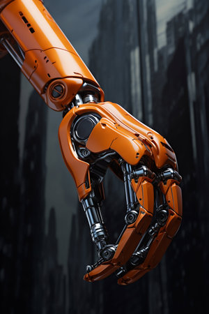 Closeup of Orange Robot Arm with Blurry Cityscape Background. Generative AI. high quality illustrationの素材
