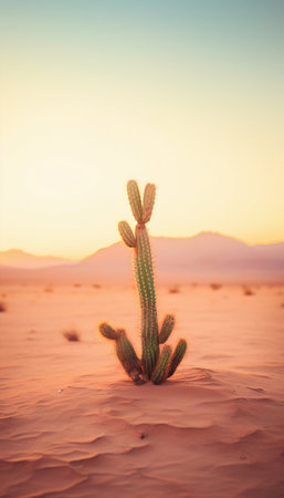 Solitary Cactus in a Muted Desert Landscape, Backlit by a Soft Sunset. Generative AI. high quality illustrationの素材