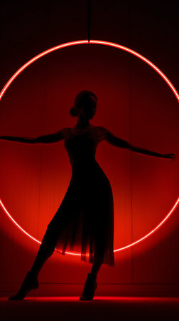 Dancing Beautiful Woman Silhouette in the Dark with Red Rim Circle Light on Background. Generative AI. high quality illustrationの素材