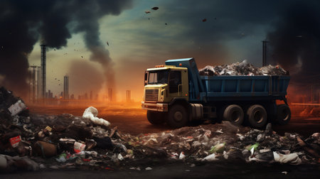 Garbage Truck Dumping Trash on Conveyor Belt. Generative AI. high quality illustrationの素材