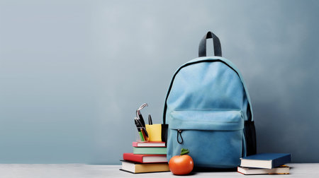 Blue School Bag with Books and Accessories. Generative AI. high quality illustrationの素材