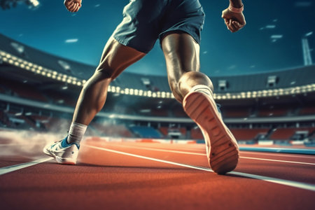 Athlete Runner Feet Running on Treadmill in a Stadium. Generative AI. high quality illustrationの素材