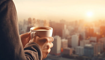 Man Holding a Cup of Hot Coffee with Blurred Cityscape in Background. Generative AI. high quality illustrationの素材