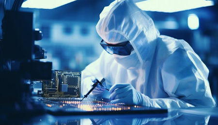 Scientist in Coveralls Working on a Processor Chip in a Laboratory. Generative AI. high quality illustrationの素材