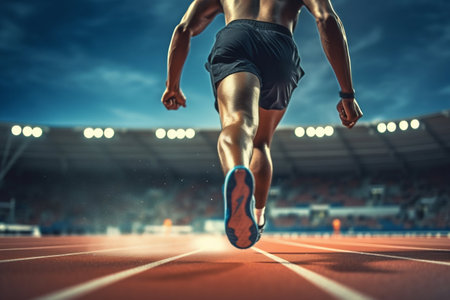 Athlete Runner Feet Running on Treadmill in a Stadium. Generative AI. high quality illustrationの素材