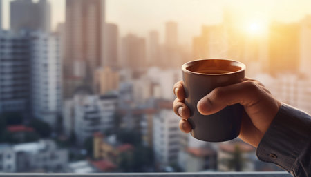 Man Holding a Cup of Hot Coffee with Blurred Cityscape in Background. Generative AI. high quality illustrationの素材