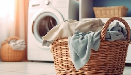 Wicker Basket with Washed Clothes on Bathroom Floor with Washing Machine in Background. Generative AI. high quality illustrationの素材