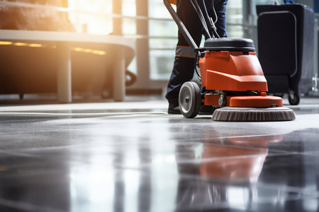 Janitor Cleaning Floor with Polishing Machine Indoors. Generative AI. high quality illustrationの素材