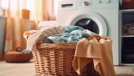 Wicker Basket with Washed Clothes on Bathroom Floor with Washing Machine in Background. Generative AI. high quality illustrationの素材