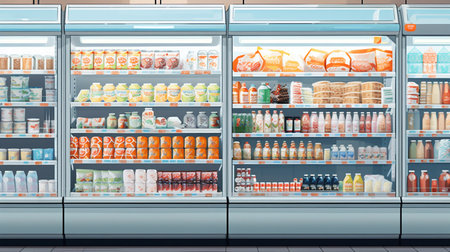 Variety of Goods in a Supermarket's Large Refrigerated Section. Generative AI. high quality illustrationの素材