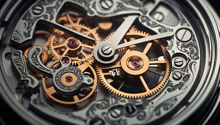 Intricate Gear Mechanism Within a Timepiece. Generative AI. high quality illustrationの素材