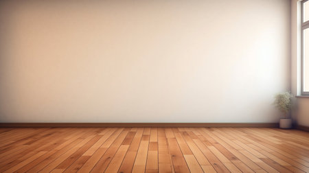 Empty Room with Wooden Floor and Window Glare on Wall. Generative AI. high quality illustrationの素材