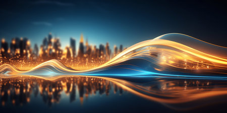 Business and Finance in a Night City: Blue and Gold Light Waves Flowing Down a Narrow Street. Generative AI. high quality illustrationの素材