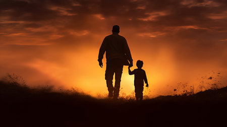 Silhouette of Father and Son Walking Together During Sunset. Generative AI. high quality illustrationの素材