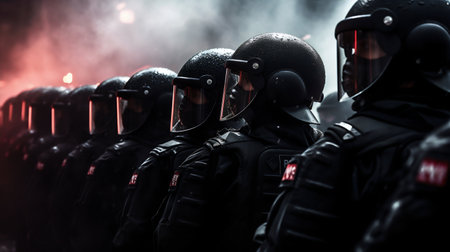 Anti-Riot Police Ready for Civil Disturbance. Generative AI. high quality illustrationの素材