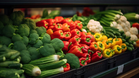 Fresh Vegetables on Shelves in a Market Store. Generative AI. high quality illustrationの素材