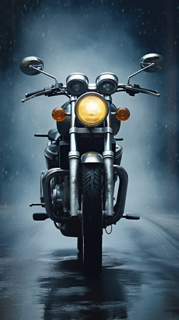 Front View of a Classical Motorbike Amidst Morning Fog. Generative AI. high quality illustrationの素材