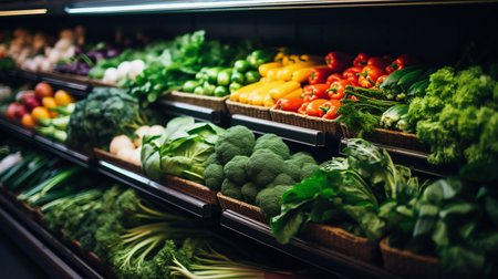Fresh Vegetables on Shelves in a Market Store. Generative AI. high quality illustrationの素材