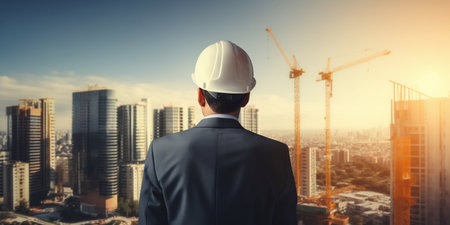 Back View of Civil Engineer with Metropolis Construction Background. Generative AI. high quality illustrationの素材