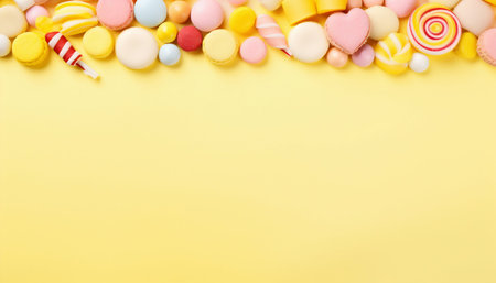 Sweets on a Yellow Banner Background. Generative AI. high quality illustrationの素材