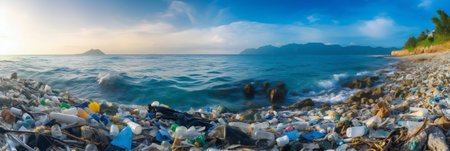 Polluted Beach with Plastic Waste. Generative AI. high quality illustrationの素材