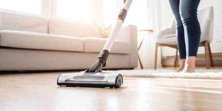 Female Cleaning with Cordless Vacuum Cleaner. Generative AI. high quality illustrationの素材