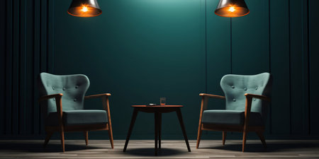 Podcast Room with Chairs and Spotlights. Generative AI. high quality illustrationの素材