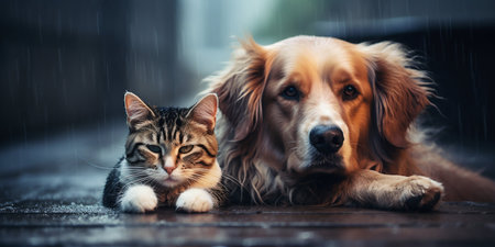 Cat and Dog United in Rain's Embrace. Generative AI. high quality illustrationの素材