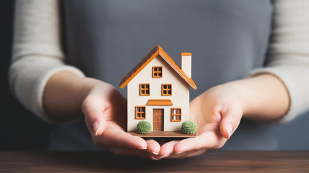 Woman Holding a Miniature House. Generative AI. high quality illustrationの素材