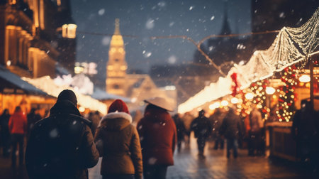 Christmas Market Illuminated in Big City Blur. Generative AI. high quality illustrationの素材