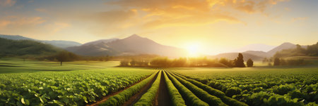 Picturesque Sunrise over Cultivated Farm Plots. Generative AI. high quality illustrationの素材