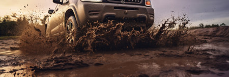 Car Wheel Close-up in Off-Road Mud Test. Generative AI. high quality illustrationの素材