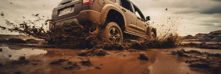 Car Wheel Close-up in Off-Road Mud Test. Generative AI. high quality illustrationの素材