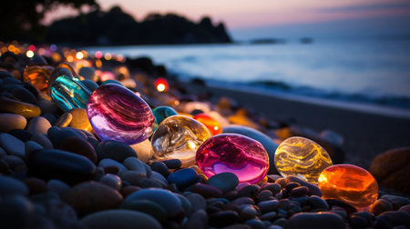 Neon Pebbles Glowing on Night Beach. Generative AI. high quality illustrationの素材