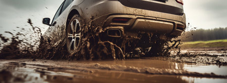 Car Wheel Close-up in Off-Road Mud Test. Generative AI. high quality illustrationの素材