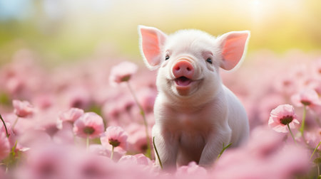 Adorable Smiling Mini Pig in Pink. Generative AI. high quality illustrationの素材