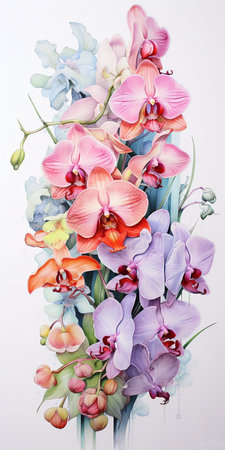 Watercolor and Ink Orchids in Vibrant Pastels. Generative AI. high quality illustrationの素材