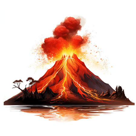 Erupting Volcano with Flowing Lava Isolated on White Background. Generative AI. high quality illustrationの素材