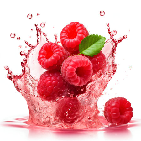 Raspberries Immersed in Juice Splash Isolated on White Background. Generative AI. high quality illustrationの素材