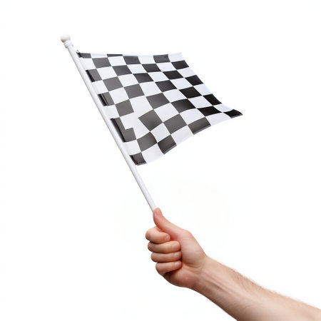 Hand Holding a Checkered Flag Isolated on White Background. Generative ai. High quality illustrationの素材