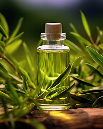 Glass Perfume Bottle Resting on Green Leaves Background. Generative AI. high quality illustrationの素材