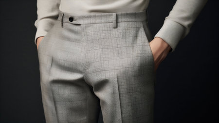 Man Wearing Woven Classic Trousers with Hand Resting on His Pants. Generative ai. High quality illustrationの素材