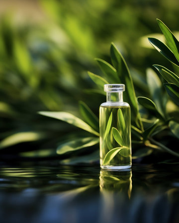 Glass Perfume Bottle Resting on Green Leaves Background. Generative AI. high quality illustrationの素材