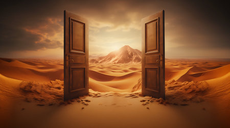 Mysterious Opened Door Standing Alone in the Desert. Generative ai. High quality illustrationの素材