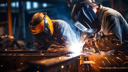 Skilled Welders at Work: Joining Metal in an Industrial Plant. Generative ai. High quality illustrationの素材